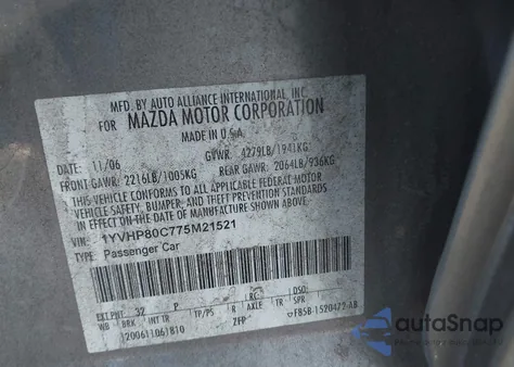 2007 Mazda Mazda6 I Sport Ve z USA, uszkodzony, nr VIN 1YVHP80C775M21521